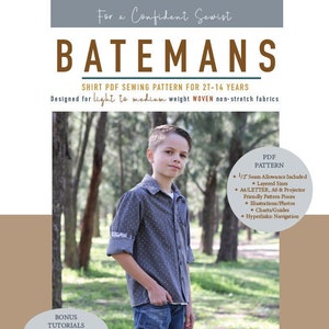 May include: A PDF sewing pattern for a boy's shirt, designed for light to medium weight woven fabrics. The pattern includes a variety of shirt styles, including casual, dressy, and formal. The pattern also includes a variety of sleeve options, such as long, short, and separate sleeves. The pattern is available in sizes 2T-14 years. The pattern is designed by Hazel Alelmond.