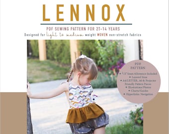 PDF per bambini Lennox cartamodello ragazzo ragazza scamiciato vestito pagliaccetto pantaloni gonna pantaloncini culottes Capri increspato shorties peplo per tutte le stagioni