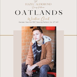 Puede incluir: Una chaqueta de invierno de pana marrón con forro polar. La chaqueta la lleva puesta una persona con una camisa de cuadros blanco y negro debajo. El texto de la imagen dice "HAZEL ALEKMOND Sewing Patterns OATLANDS Winter Coat Gender Neutral PDF Sewing Pattern for 2T-14Y"