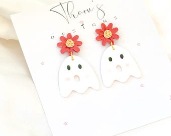 Handmade Polymer Clay Ghost Earrings – Floral Halloween Jewelry