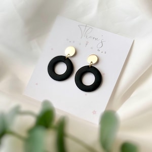 Black Dangle Earrings | Polymer Clay Earrings | Lightweight Jewellery | Handmade Earrings | Modern Hoop Earrings | Black Earrings