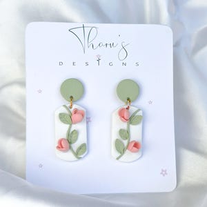 Handmade Floral Polymer Clay Earrings: Pink Rose Dangles