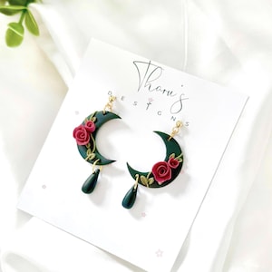 Midnight Rose Moons – Handmade Polymer Clay Earrings | Floral Dangle Earrings | Celestial Jewellery