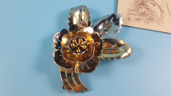 Antique Jewelry Brooch FLOWER Silver Gold tone Me… - image 3