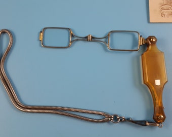 LORGNETTE SILVER signed Antique Collectible Bakelite Reading Glasses Chain France 1900-s