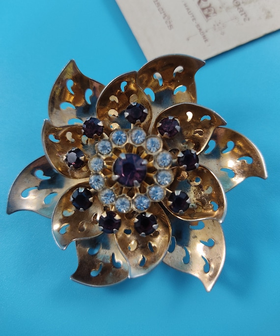 CORO Vintage Jewelry Brooch-Pendant Flower Rhinest