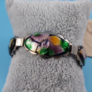 Bracelet Floral Années 70 En Porcelaine Et Métal Argenté - Fermoir Crochet - Occasion