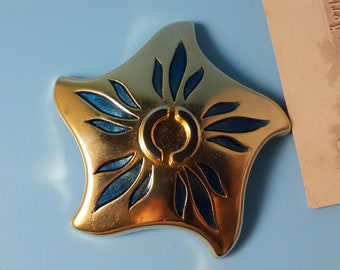 CARON Paris Vintage Jewelry Brooch Starfish signed Enamel Blue Gold tone Metal France 1980-1990-s