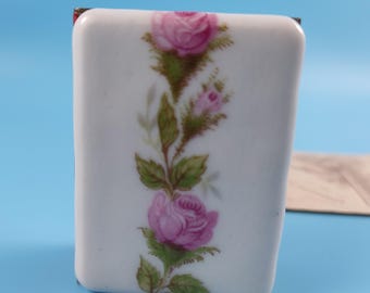 LIMOGES Vintage Collectible Box for Matches Ceramic Flower Rose Enamel Metal France 1950-s