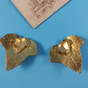 SANYA signed Vintage Jewelry Clip-On Earrings LEAF Matte Gold tone Metal Paris France 1980-s
