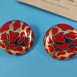 BALENCIAGA signed Vintage Jewelry Clips-on-Earrings Haute Couture Enamel Gold tone Metal France 1980-s