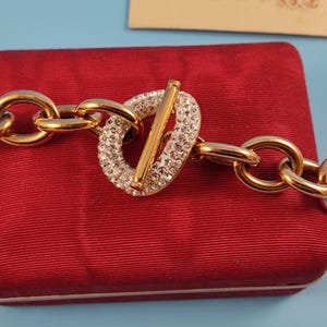 VICTORIA signed Jewelry Bracelet Stainless Steel Rhinestones Glass Gold plated tone Metal 1990-2000-s