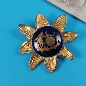 Broche de joyería vintage LIMOGES firmado en metal dorado mate de cerámica Francia década de 1970