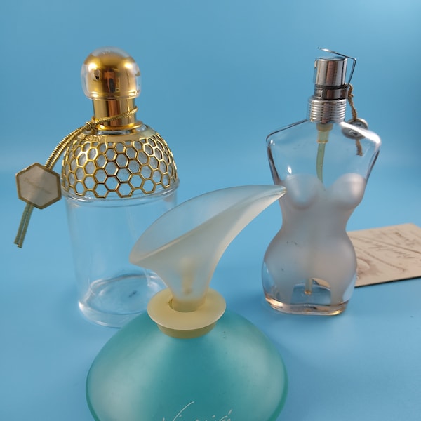 EMPTY BOTTLES Collectible Vintage Lot Bottles de Perfume Jean Paul Gaultier Guerlain Aqua Allegoria Yves Rocher France 1980-1990-s