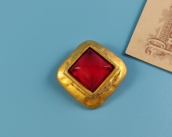 LANCOME Paris signierte Vintage Brosche-Schmuck Lucite Rot Matt-Gold-Ton Metall Frankreich 1970-er Jahre