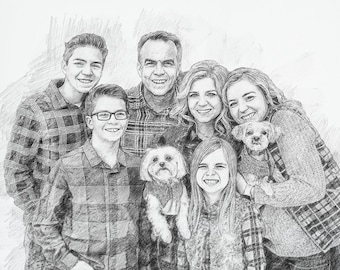 May include: A black and white pencil drawing of a family of six, including two parents, three children, and a small dog. The family is standing together in a casual pose, and the dog is sitting in front of them. The drawing is framed in a black frame and is hanging on a white wall.