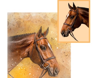 May include: A watercolor painting of a brown horse with a white star on its forehead. The horse is wearing a brown leather bridle and is looking to the left. The background is a yellow and orange watercolor wash with the name "Arom" written in white cursive.