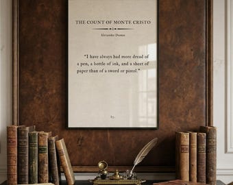 May include: A vintage desk with a framed quote from "The Count of Monte Cristo" by Alexandre Dumas. The desk is adorned with antique books, a quill pen, inkwell, and a leather-bound journal. A sword and maps are on the wall.