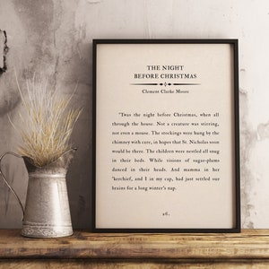 Peut inclure: Une impression encadrée du poème "La Nuit avant Noël" de Clement Clarke Moore. Le poème est imprimé en encre noire sur un fond crème. Le cadre est noir et a un passe-partout blanc.