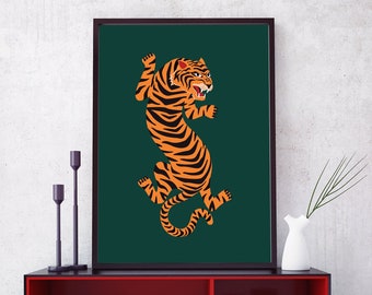 May include: A red wooden shelf unit with black legs and shelves. The top shelf has a framed print of a tiger on a green background. The middle shelf has a clock, a toy car, and books. The bottom shelf has more books.