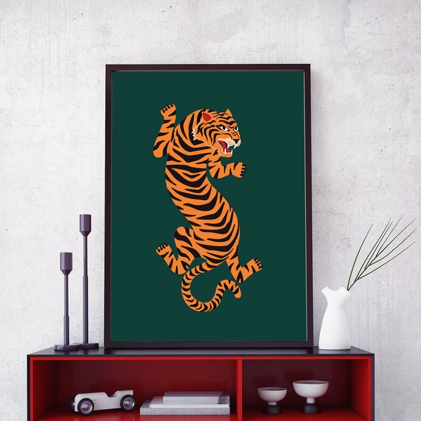 Tiger Poster Be Wild Feline Green Wall Art Leopard Wall, Big Cat Print Art, Cheetah Printable Wall Art Green Orange Art Print Animal Poster