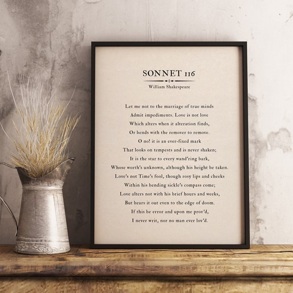 William Shakespeare Sonnet 116 Poetry Wall Art,  Let Me Not to the Marriage, Famous Quote, Inspirational Literature, Book Page Print