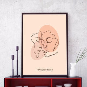 Never Let Me Go Line Art Poster, Romantic Wall Art, Contemporary Print, Boho Digital Print, Beige Orange Brown, Line Art Faces, Lover Gift