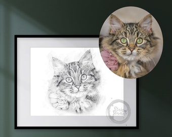 Croquis au crayon Portrait de chat personnalisé, Portrait animalier personnalisé à partir de la photo, crayon Wall Art, chat maman cadeau, chat peinture dessin numérique