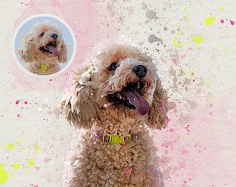 May include: A light brown poodle with a pink collar and a yellow leash, sitting on a pink and yellow watercolor background.