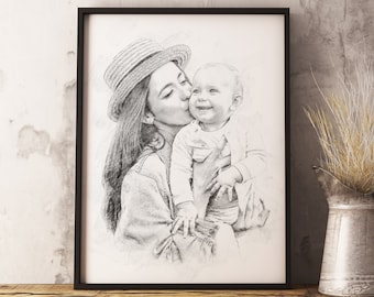 Mothers Day Portrait Custom Digital Hand Drawn Mother Portrait Family Portrait Sketch from Photo to Drawing Digital Art Custom Pencil Sketch