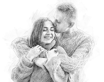 May include: A black and white pencil sketch of a couple embracing. The man is kissing the woman on the forehead. They are both wearing sweaters.