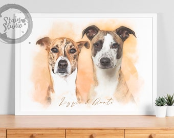 May include: Watercolor painting of two dogs, a brown and white dog named Lizzie and a brown and white dog named Dante, on a peach background.