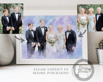 May include: A watercolor painting of a wedding party. The bride and groom are standing in the center of the painting, surrounded by their family and friends. The painting is set against a background of soft purple and blue hues.