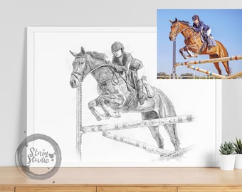 May include: A black and white pencil sketch of a person riding a horse over a jump. The horse is in mid-air, and the rider is leaning forward. The sketch is on a white background.