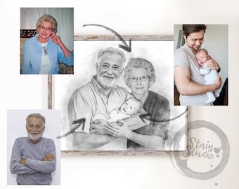 Memorial Family Portrait, Mensen uit afzonderlijke foto's samenvoegen, Pastels Digitale Tekening, Overleden familielid toevoegen, Verloren geliefde, Cadeau-idee