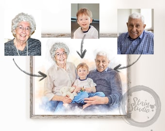 May include: A watercolor painting of a family portrait. An older couple is sitting on a couch with a young child sitting on their laps. The couple is smiling and the child is looking at the camera. The painting is in a wooden frame.