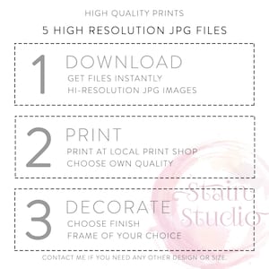 May include: A graphic with three steps for downloading, printing, and decorating digital files. The steps are numbered 1, 2, and 3. The text says "Download, Get files instantly, Hi-resolution JPG images", "Print, Print at local print shop, Choose own quality", and "Decorate, Choose finish, Frame of your choice".