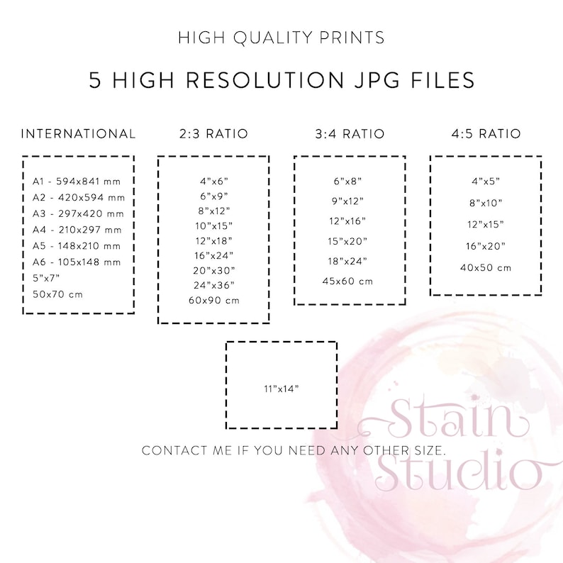 May include: A chart showing different print sizes in inches and centimetres for high-quality JPG files. The chart is divided into three sections: International, 2:3 Ratio, and 3:4 Ratio. The chart also includes the text "5 High Resolution JPG Files" and "Contact me if you need any other size."