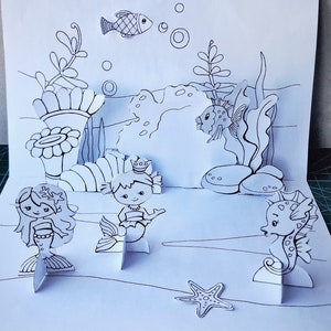 Pequena sereia Cartão pop-up Tema sereia PDF para colorir Cartão de vida marinha Teatro de papel Diorama de papel Atividade artesanal de papel Educação em PDF