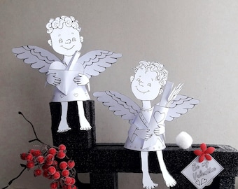 Cupidon Saint Valentin. Figurine ange en papier bricolage. Mignon Valentin. Arc et flèche de Cupidon. Feuilles à colorier. Enfants Saint Valentin imprimable.
