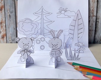 Woodland Animals Pop Up Card: Kids Coloring Paper Craft (PDF)