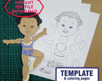 Printable articulated paper doll Paper dolls collage template Dress up doll Coloring pages PDF African American doll Olivia Paper puppet