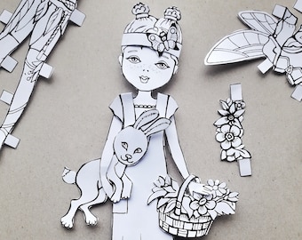 Digital paper doll coloring pages PDF. Fairy paper doll. Woodland ginger doll. Printable Dress up coloring sheets. Cute Sisters Collection