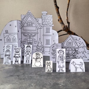 Christmas village paper scene for coloring. Christmas activity printable. Toddler coloring pages. Winter paper diorama digital.