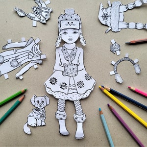 Digital paper doll coloring pages. Paper doll download. Ice princess paper doll printable. Cut out paper doll PDF. Cute Sisters Collection.