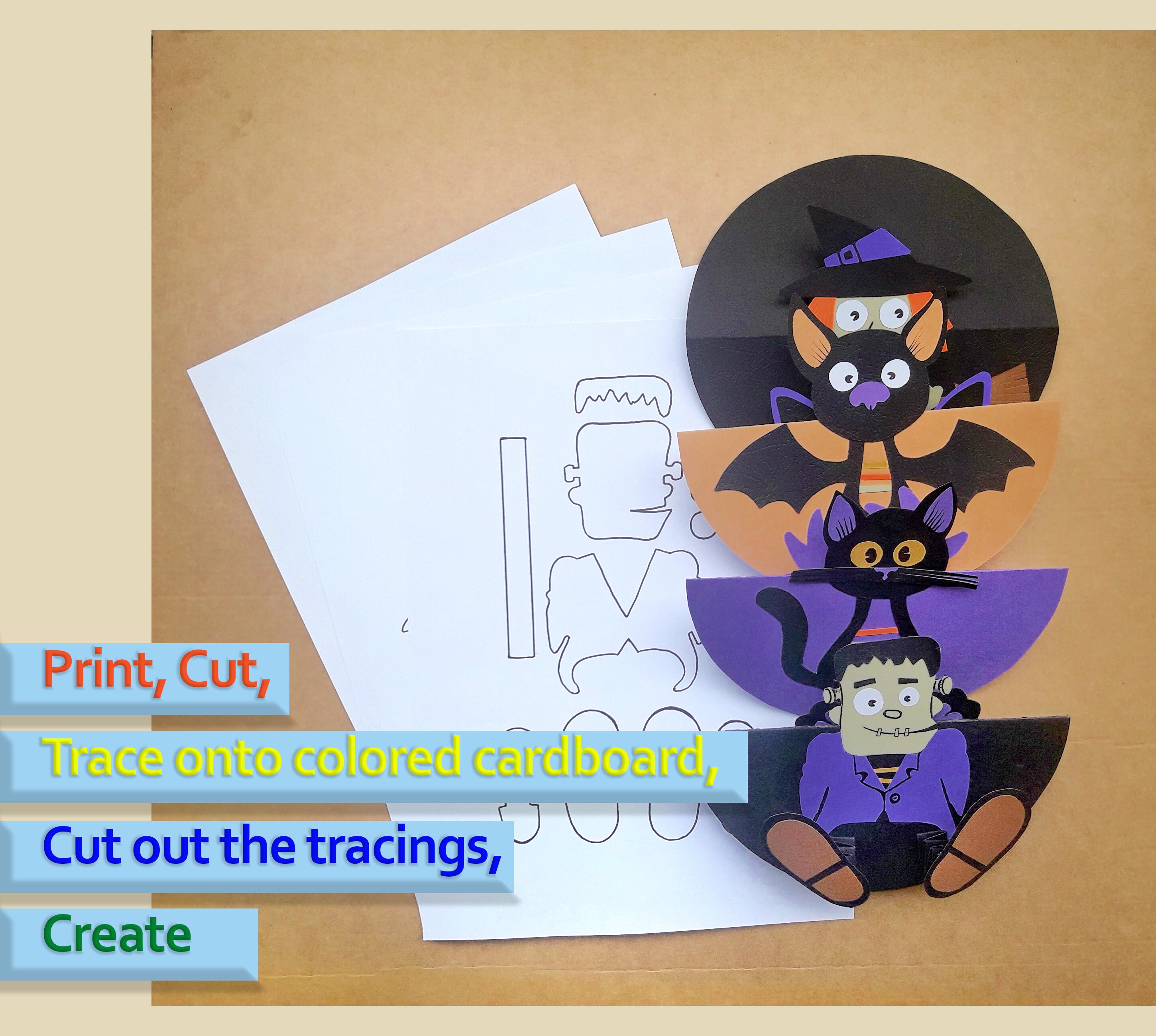Halloween Printable Craft, Make Your Own, Cute Bat, Paper Frankenstein ...
