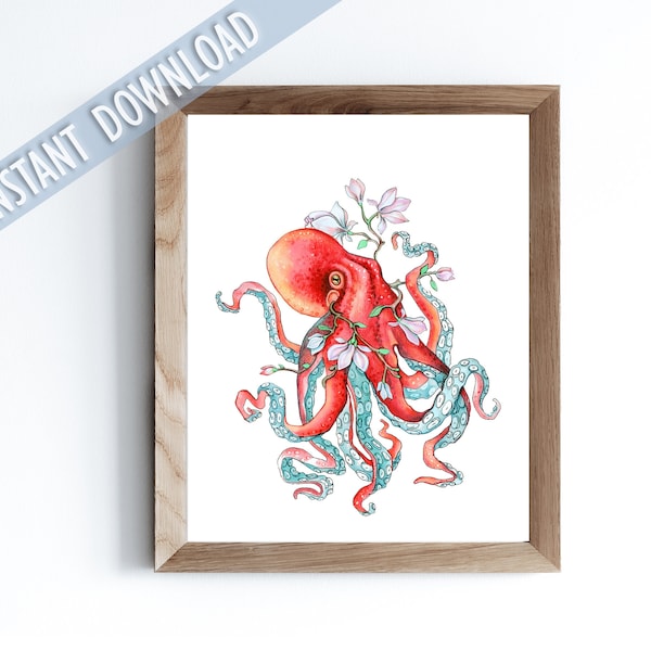 Roter Oktopus mit Magnolie druckbare Octopus Wandkunst digitale Octopus Poster download Meeresbewohner Tier Hybriden Seeungeheuer Badezimmer Dekor
