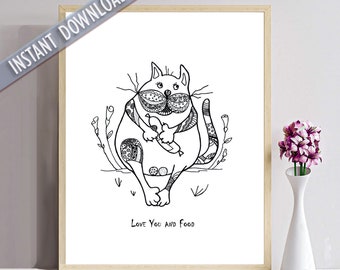 Funny cat poster. Line drawing cat printable. Black and white sketch. Minimalist cat. Cat lover art. Zentangle art. Gift for Cat Mom.