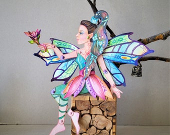 Printable fairy paper doll. DIY Articulated paper doll with doll stand. Poseable fairy doll.  Fairy printables. Fairy room decor