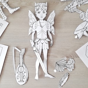 Elf paper doll digital. Boy fairy doll. Digital paper doll coloring pages. Woodland fairy printable. Male paper doll. Dress up coloring doll